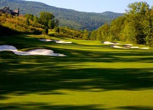 Hole 11 at Bright's Creek Golf Club in Mill Spring, North Carolina with views of the Blue Ridge Mountains