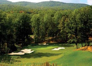 Hole 16 at Bright's Creek Golf Club in Mill Spring, North Carolina with views of the Blue Ridge Mountains