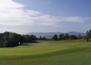 Hole four at Bright's Creek Golf Club in Mill Spring, North Carolina with views of the Blue Ridge Mountains