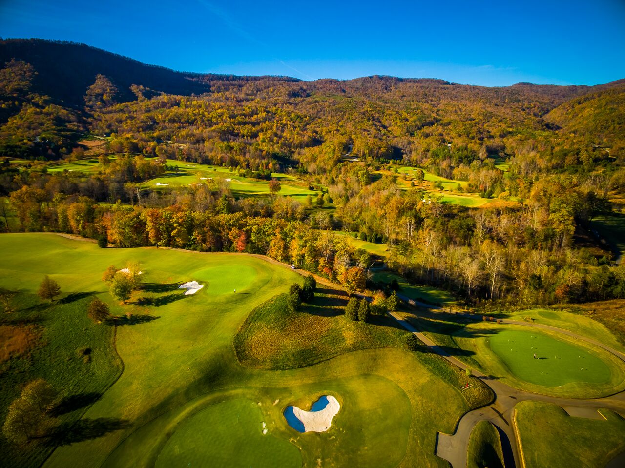 Aerial view of Bright's Creek Golf Club in the fall in the Blue Ridge Mountains